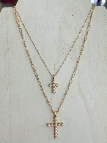 Layered Pearl Cross Necklace - Gold