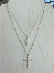 Layered Pearl Cross Necklace - Silver