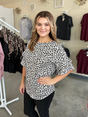 Leopard Ruffle Top - White