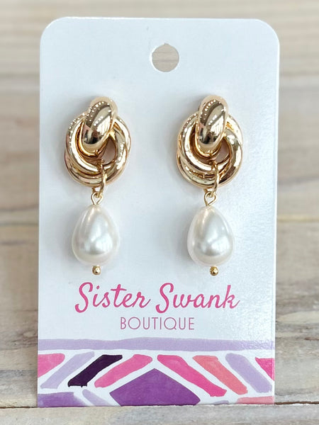 Teardrop Pearl Post Drop Earrings - Gold