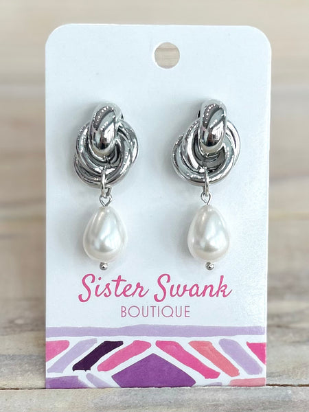 Teardrop Pearl Post Drop Earrings - Silver