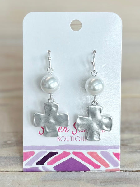 Cross Drop Earrings - Silver