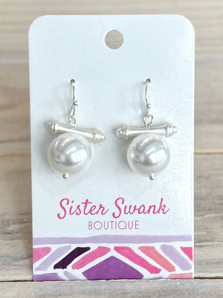 Bar Drop Earring Featuring Pearl - Silver