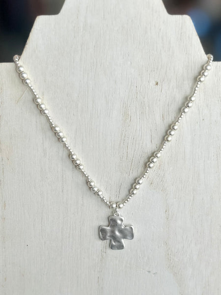 Mixed Bead Cross Necklace - Silver