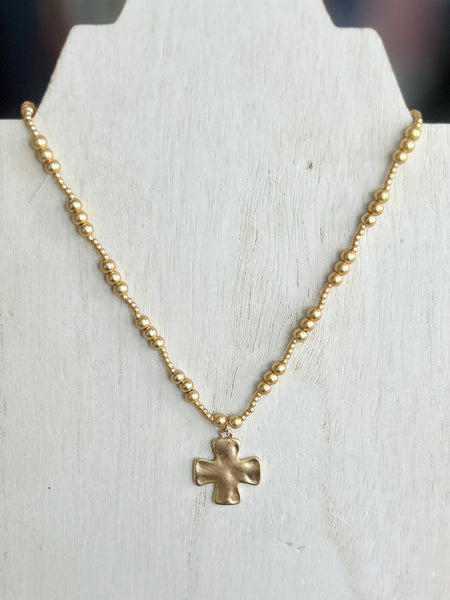 Mixed Bead Cross Necklace - Gold