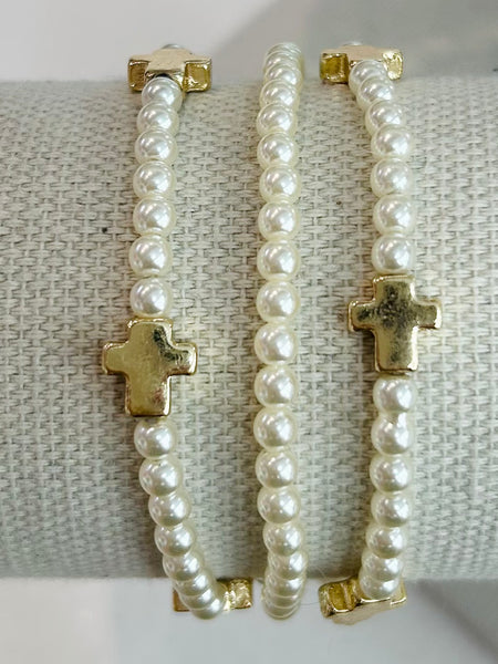 Cross/Pearl Beaded Stretch Bracelet Set - Gold