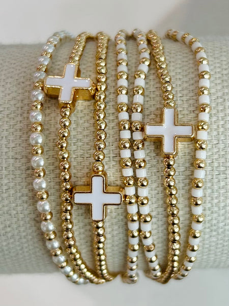 Set of Seven Beaded Stretch Bracelets - White