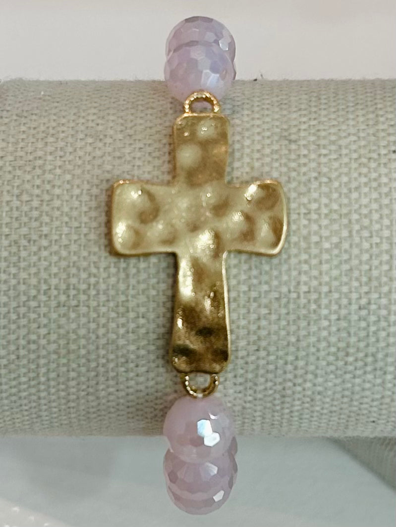 Hammered Metal Cross Beaded Stretch Bracelet - Pink