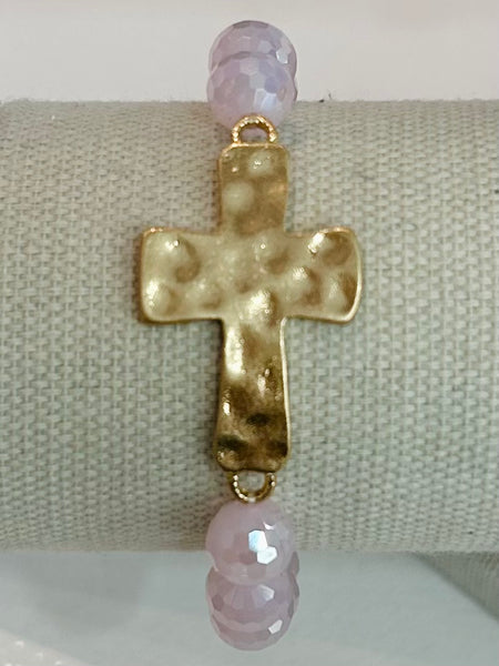 Hammered Metal Cross Beaded Stretch Bracelet - Pink