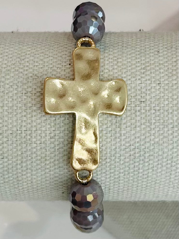 Hammered Metal Cross Beaded Stretch Bracelet - Purple