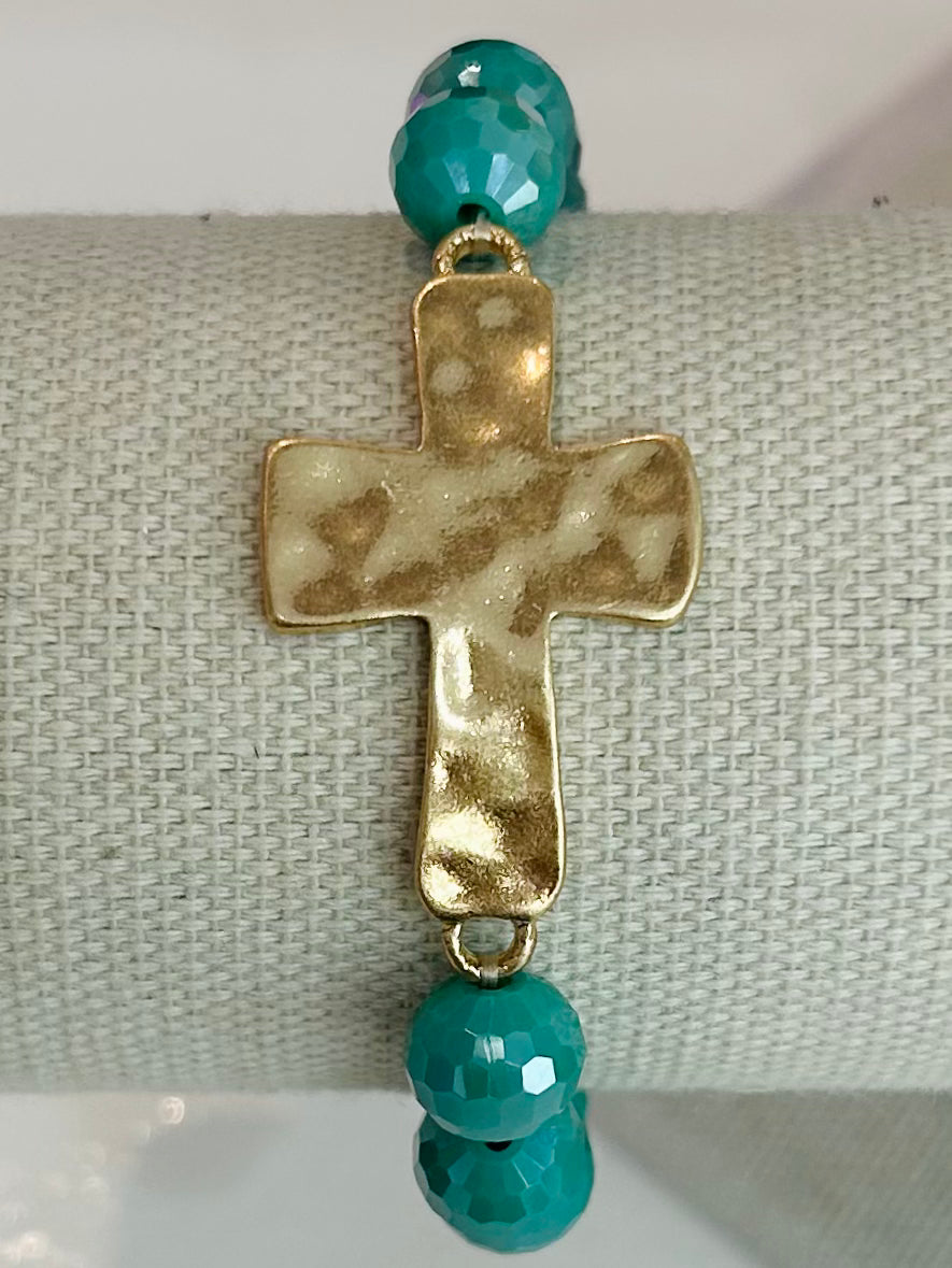 Hammered Metal Cross Beaded Stretch Bracelet - Teal