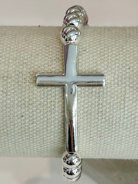Polished Metallic Beaded Cross Bracelet - Silver