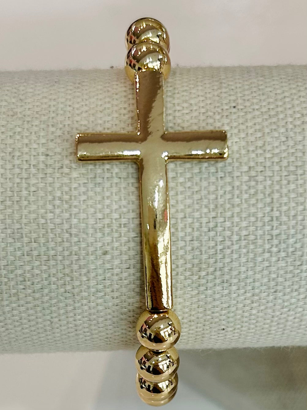 Polished Metallic Beaded Cross Bracelet - Gold