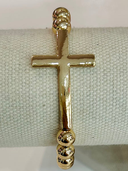 Polished Metallic Beaded Cross Bracelet - Gold