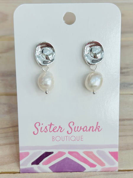 Linked Metal & Pearl Drop Earrings - Silver