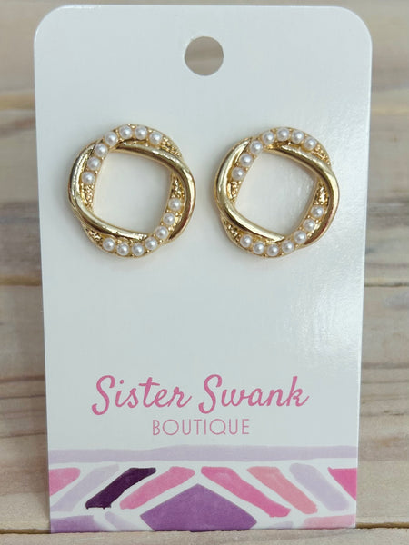 Pearl Studded Intertwined Stud Earrings - Gold