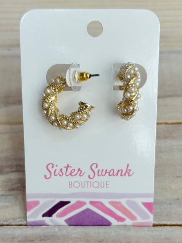 Hoop Earrings Featuring Pearl Accents - Gold