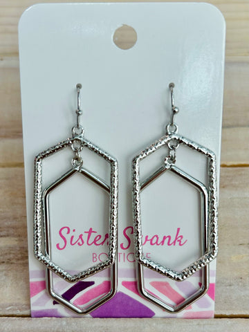 Textured Nesting Hexagon Earrings - Silver