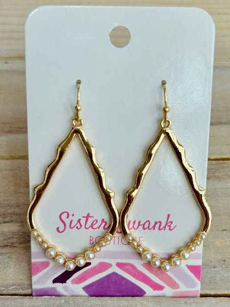 Pearl Studded Wavy Teardrop Earrings - Gold