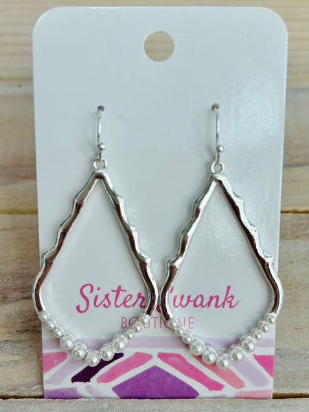 Pearl Studded Wavy Teardrop Earrings - Silver