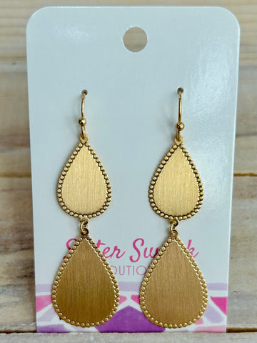 Textured Border Linked Teardrop Earrings - Gold
