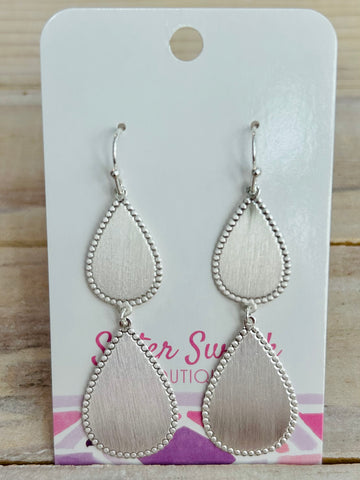 Textured Border Linked Teardrop Earrings - Silver