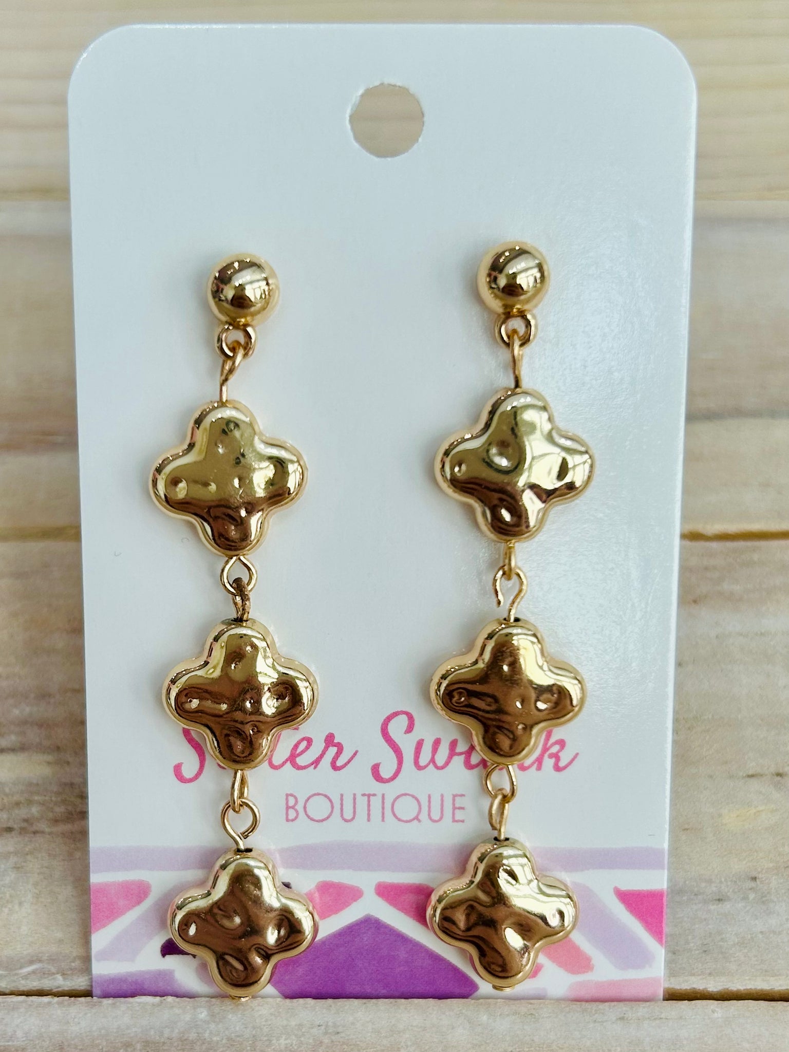 Textured Linked Clover Drop Earrings - Gold