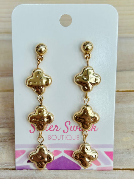 Textured Linked Clover Drop Earrings - Gold