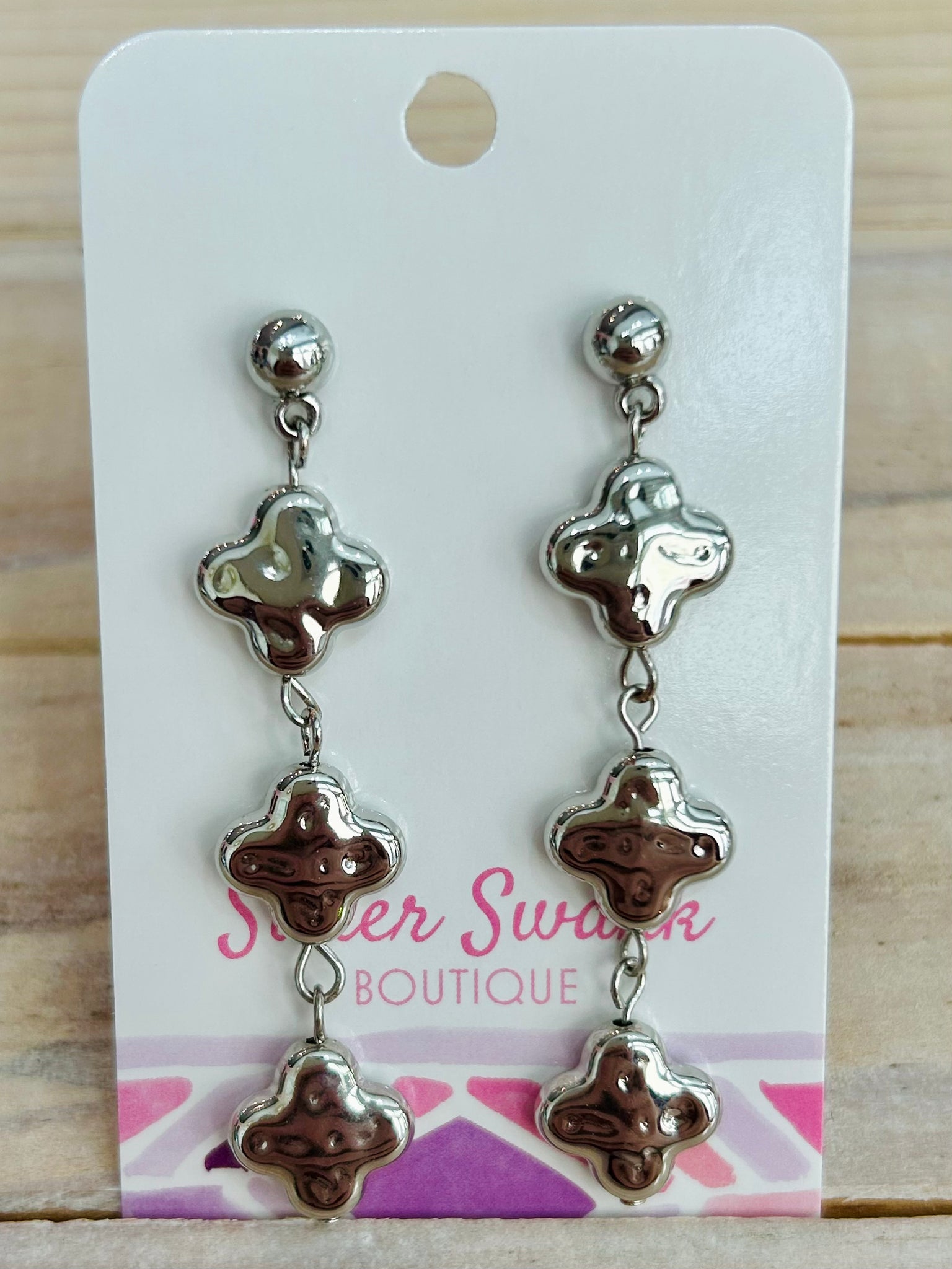 Textured Linked Clover Drop Earrings - Silver