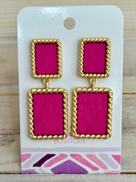 Linked Wood Rectangles Drop Earrings - Pink
