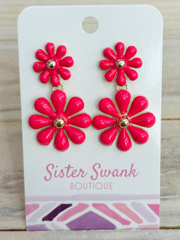 Linked Enamel Flowers Drop Earrings - Pink