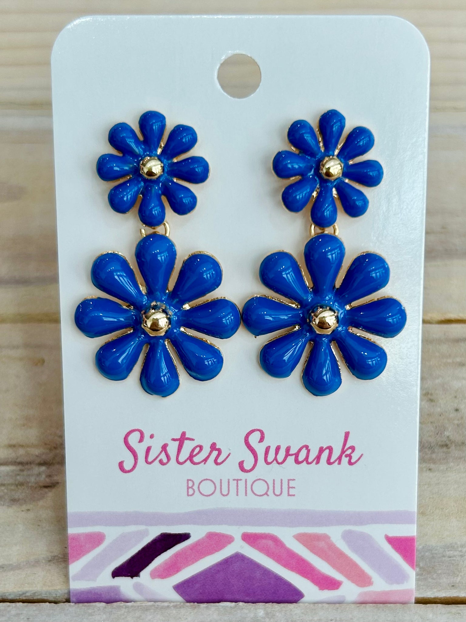 Linked Enamel Flowers Drop Earrings - Blue
