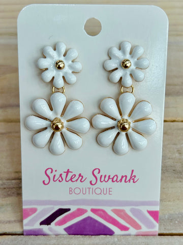 Linked Enamel Flowers Drop Earrings - White