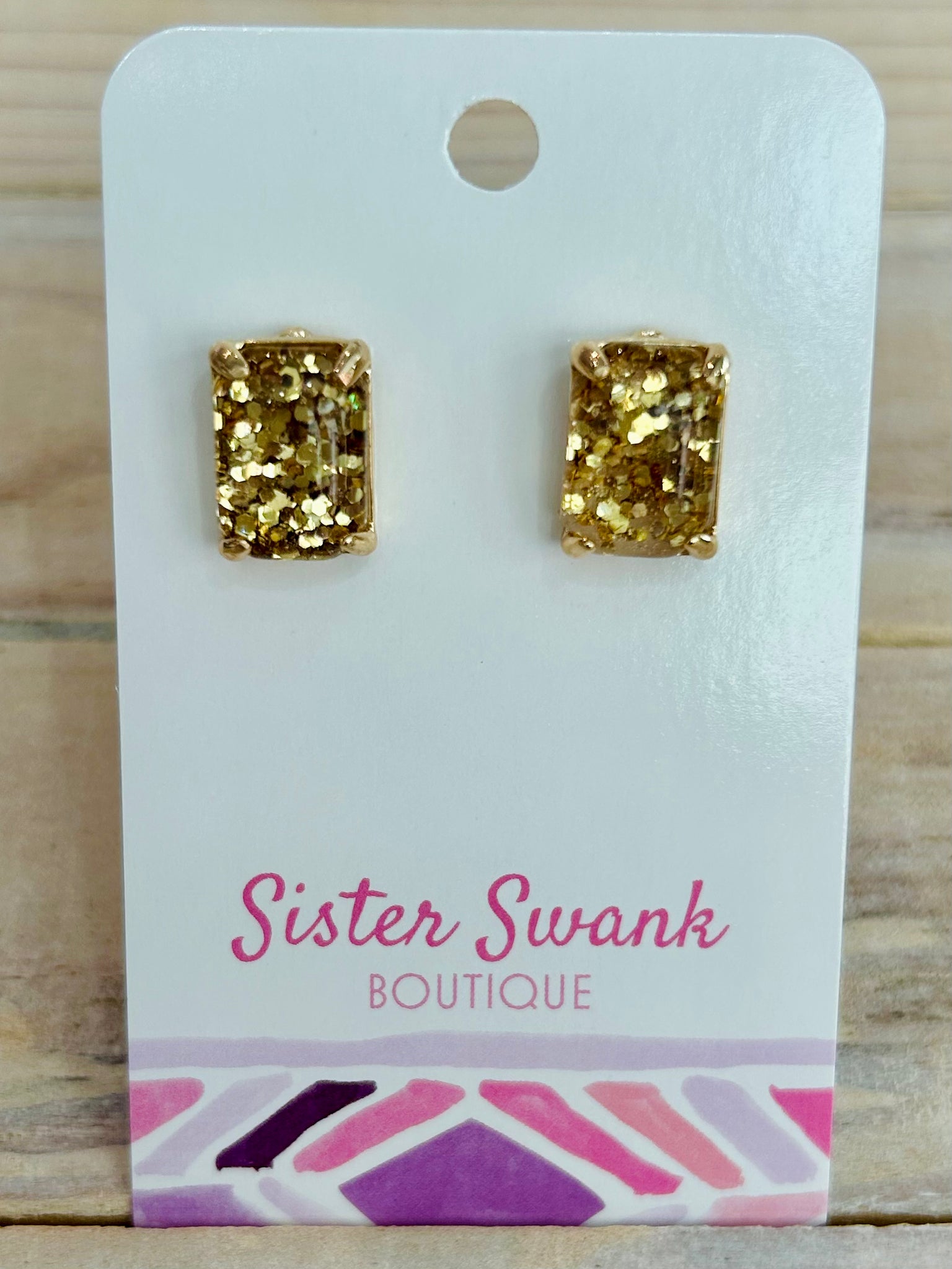 Rectangular Glitter Resin Stud Earrings - Gold