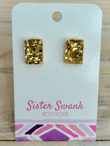 Rectangular Glitter Resin Stud Earrings - Gold