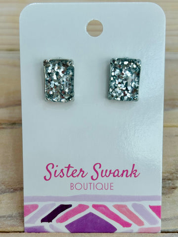 Rectangular Glitter Resin Stud Earrings - Silver