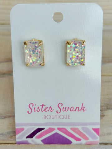 Rectangular Glitter Resin Stud Earrings - White