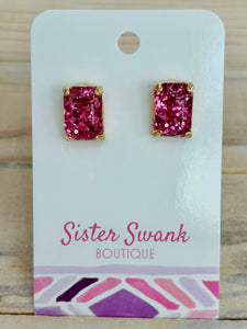 Rectangular Glitter Resin Stud Earrings - Pink