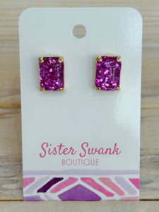 Rectangular Glitter Resin Stud Earrings - Purple