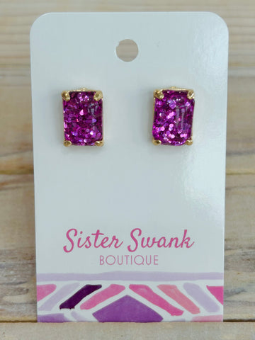Rectangular Glitter Resin Stud Earrings - Purple