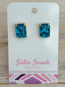 Rectangular Glitter Resin Stud Earrings - Blue