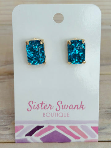 Rectangular Glitter Resin Stud Earrings - Blue