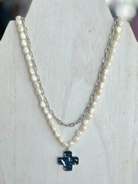 Baroque Cross Necklace - Silver