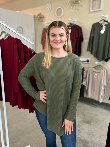 Solid Waffle Knit Top - Olive