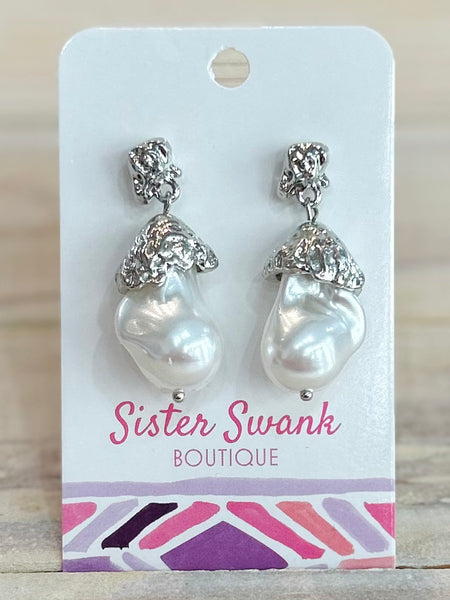 Pearl Contrast Drop Earrings - Silver
