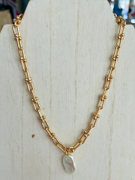 Pearl Pendant Chain Necklace - Gold