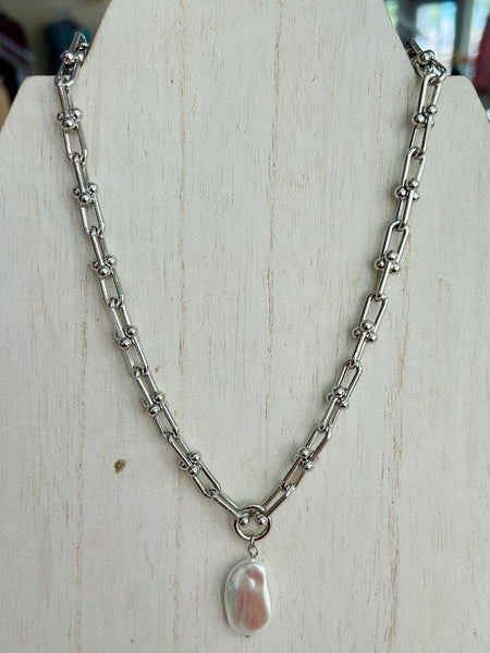 Pearl Pendant Chain Necklace - Silver