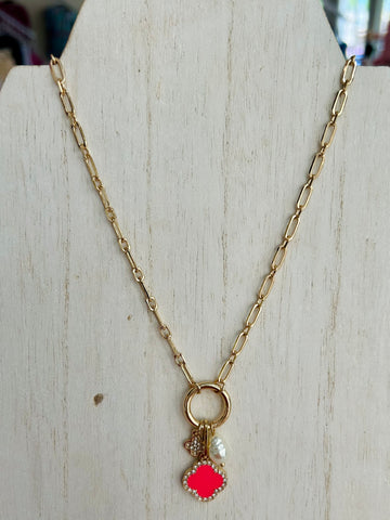 Clover & Pearl Charm Necklace - Pink