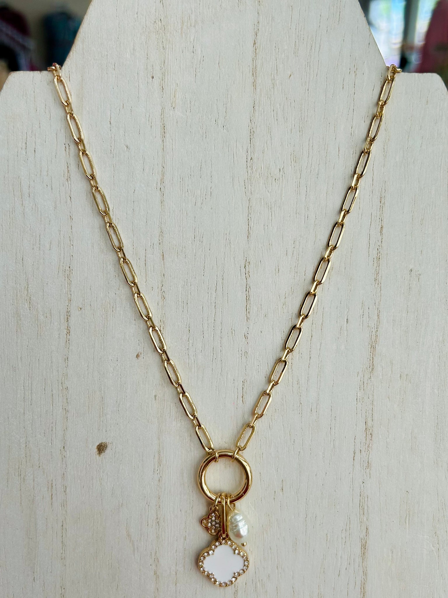 Clover & Pearl Charm Necklace - White