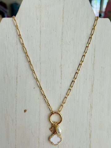 Clover & Pearl Charm Necklace - White